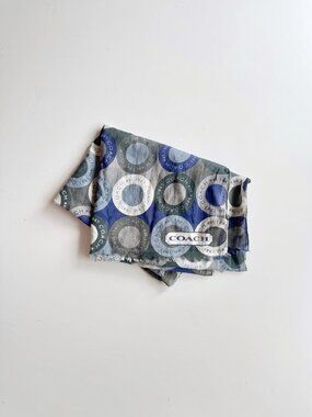 COACH Blue Grey Green Circle Logo Motif Cotton Voile 68" x 20" Rectangle Scarf